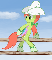 Size: 900x1039 | Tagged: safe, artist:manateemckenzie, character:peachy sweet, species:earth pony, species:pony, apple family member, background pony, boots, bow, clothing, cowboy boots, cowboy hat, female, fence, hair bow, hat, mare, saddle, shoes, solo, tack