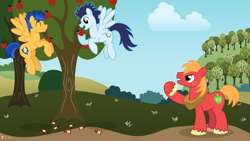 Size: 3840x2160 | Tagged: safe, artist:flashlighthouse, character:big mcintosh, character:flash sentry, character:soarin', species:earth pony, species:pony, apple, behaving like a bird, eating, flying, male, stallion