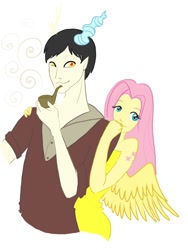 Size: 750x1000 | Tagged: safe, artist:solweig, character:discord, character:fluttershy, ship:discoshy, female, horned humanization, humanized, male, pipe, shipping, straight, winged humanization