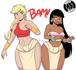 Size: 1386x1270 | Tagged: source needed, safe, artist:gtapia91, artist:megasweet, character:applejack, species:human, applebucking thighs, bandeau, belly button, bracelet, butt bump, butt to butt, butt touch, chel, cleavage, crossover, curvy, earring, female, hips, humanized, midriff, piercing, sexy, simple background, the road to el dorado, thighs, white background, wide hips