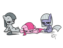 Size: 634x480 | Tagged: safe, artist:yikomega, character:limestone pie, character:marble pie, character:pinkamena diane pie, character:pinkie pie, species:earth pony, species:pony, bored, female, filly, foal, pie sisters