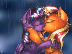 Size: 1024x768 | Tagged: safe, artist:yellowrobin, character:sunset shimmer, character:twilight sparkle, character:twilight sparkle (alicorn), species:alicorn, species:pony, species:unicorn, ship:sunsetsparkle, chest fluff, eyes closed, female, kissing, lesbian, rain, shipping, traditional art