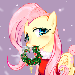 Size: 800x800 | Tagged: safe, artist:han_hyui, character:fluttershy, bedroom eyes, blushing, breath, clothing, female, looking at you, mouth hold, santa costume, smiling, snow, snowfall, solo, wreath