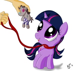 Size: 500x469 | Tagged: safe, artist:kinkyspree, character:smarty pants, character:twilight sparkle, species:human, species:pony, collar, cute, female, filly, filly twilight sparkle, leash, pet, plushie, pony pet, twiabetes