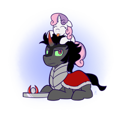 Size: 1055x965 | Tagged: safe, artist:invertigo, character:king sombra, character:sweetie belle, blep, crown, cute, diasweetes, eyes closed, fanfic art, floppy ears, frown, king sombra is not amused, looking at you, pony hat, reference, smiling, sombradorable, sweetie's shadow, sweetiehat, tongue out, unamused