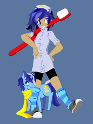 Size: 656x876 | Tagged: safe, artist:techtechno, character:minuette, species:human, blue background, clothing, dentist, human ponidox, humanized, leg warmers, ponidox, scarf, simple background, smiling, socks, striped socks, toothbrush