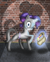 Size: 1652x2042 | Tagged: safe, artist:giuliabeck, character:rarity, species:pony, species:unicorn, animal costume, batman, belt, cat costume, catmare, catsuit, catwoman, clothing, costume, crime, crossover, description at source, gem, jewelry, raricat, spotlight, story in the source, thief, whiskers