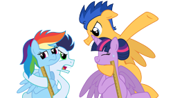 Size: 3840x2160 | Tagged: safe, artist:flashlighthouse, character:flash sentry, character:rainbow dash, character:soarin', character:twilight sparkle, character:twilight sparkle (alicorn), species:alicorn, species:pony, ship:flashlight, ship:soarindash, alternate hairstyle, angry, eye contact, eyes closed, female, frown, glare, hug, male, mare, measuring, momma dash, nervous, open mouth, preglight sparkle, pregnant, shipping, simple background, smiling, straight, sweat, sweatdrop, transparent background, unamused