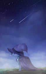 Size: 600x957 | Tagged: dead source, safe, artist:annielith, character:trixie, species:pony, species:unicorn, cape, clothing, crying, female, hat, mare, night, sad, shooting star, solo, stars, teary eyes, trixie's cape, trixie's hat