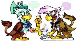 Size: 1024x552 | Tagged: safe, artist:dizzee-toaster, character:gilda, character:greta, species:griffon, alice in wonderland, dialogue, monocle, simple background, tea, transparent background
