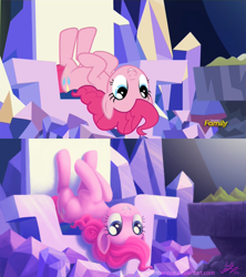 Size: 900x1013 | Tagged: safe, artist:creamy_roux, edit, edited screencap, screencap, character:pinkie pie, species:earth pony, species:pony, episode:the lost treasure of griffonstone, g4, my little pony: friendship is magic, comparison, cute, discovery family logo, female, grin, mare, redraw, scene interpretation, signature, smiling, solo, twilight's castle, upside down