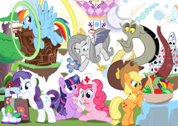 Size: 1024x724 | Tagged: safe, artist:viraljp, character:applejack, character:discord, character:fluttershy, character:pinkie pie, character:rainbow dash, character:rarity, character:twilight sparkle, character:twilight sparkle (unicorn), oc, oc:fluttercruel, species:draconequus, species:earth pony, species:pegasus, species:pony, species:unicorn, carousel boutique, chaos, crescent moon, discord: not one of a kind, discorded, draconequified, fanfic, female, floating island, fluttercruel, house of cards, male, mare, moon, pony pov series, simple background, sun, white background