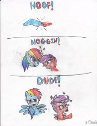 Size: 5100x6600 | Tagged: safe, artist:endlesswire94, character:rainbow dash, character:scootaloo, species:pegasus, species:pony, absurd resolution, circling stars, comic, dude, female, filly, finding nemo, headbutt, hoofbump, mare, ouch, parody, traditional art
