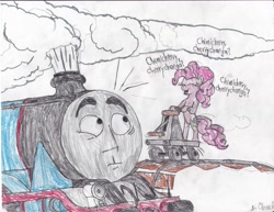 Size: 6600x5100 | Tagged: safe, artist:endlesswire94, character:pinkie pie, episode:the last roundup, g4, my little pony: friendship is magic, absurd resolution, chimicherrychanga, crossover, gordon, gordon the big engine, handcar, parody, reference, thomas the tank engine, traditional art
