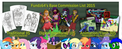 Size: 2643x1053 | Tagged: safe, artist:fundz64, character:applejack, character:big mcintosh, character:derpy hooves, character:dj pon-3, character:fluttershy, character:gummy, character:pinkie pie, character:princess luna, character:rainbow dash, character:rarity, character:trixie, character:twilight sparkle, character:vinyl scratch, oc, oc:razorbass, species:earth pony, species:human, species:pony, accessory swap, animated, barely pony related, butterfly, commission, commission info, deviantart, digital, digital art, flash, freehand, male, mane six, midna, mileena, mortal kombat, scorpion (mortal kombat), sketch, squigly, stallion, the great and powerful, the legend of zelda, the legend of zelda: twilight princess