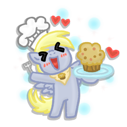 Size: 720x720 | Tagged: safe, artist:foxgirlkira, character:derpy hooves, species:pegasus, species:pony, >.<, bipedal, blushing, cute, derpabetes, eyes closed, female, happy, hoof hold, mare, muffin, smiling, that pony sure does love muffins, xd