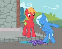 Size: 1280x999 | Tagged: safe, artist:manateemckenzie, character:big mcintosh, character:trixie, species:earth pony, species:pony, male, puddle, shipping, stallion, straight, trixie's cape, trixmac