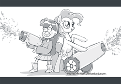Size: 1024x709 | Tagged: safe, artist:creamy_roux, character:pinkie pie, species:earth pony, species:human, species:pony, crossover, female, gravity falls, grayscale, grin, mabel pines, mare, monochrome, party cannon, raised hoof, smiling, standing, weapon