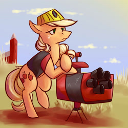 Size: 3000x3000 | Tagged: safe, artist:impcjcaesar, artist:imsokyo, character:applejack, crossover, engiejack, engineer, female, sentry, solo, team fortress 2