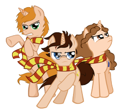 Size: 7148x6625 | Tagged: safe, artist:zackira, absurd resolution, clothing, glasses, gryffindor, harry potter, hermione granger, ponified, ron weasley, scarf, simple background, transparent background