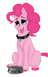 Size: 536x847 | Tagged: safe, artist:graffiti, character:pinkie pie, behaving like a dog, collar, eye shimmer, food bowl, looking up, panting, pet play, puppy pie, sitting