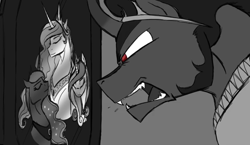 Size: 616x357 | Tagged: safe, artist:assassin-or-shadow, character:king sombra, character:princess cadance, character:princess celestia, character:princess luna, anastasia, don bluth, in the dark of the night, monochrome