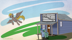 Size: 1900x1050 | Tagged: safe, artist:idontrunntoofast, character:blues, character:derpy hooves, character:lyra heartstrings, character:noteworthy, species:pegasus, species:pony, female, lyraworthy, mare, nplh, simple background