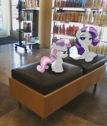 Size: 957x1126 | Tagged: safe, artist:digitalpheonix, artist:qazwsx302, artist:theholdenb12, character:rarity, character:sweetie belle, irl, photo, ponies in real life, salon, shadow, shampoo, sisters, sitting, unamused, vector