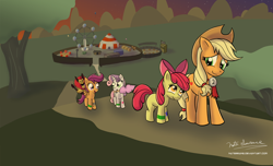 Size: 1980x1207 | Tagged: dead source, safe, artist:naterrang, character:apple bloom, character:applejack, character:scootaloo, character:sweetie belle, carnival, cotton candy, cutie mark crusaders, female, ferris wheel, food, manny roar, manticore, plushie