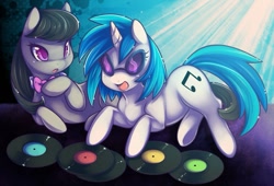 Size: 937x637 | Tagged: safe, artist:spazzykoneko, character:dj pon-3, character:octavia melody, character:vinyl scratch, species:earth pony, species:pony, species:unicorn, duo, female, mare, prone, record