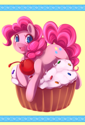 Size: 510x750 | Tagged: dead source, safe, artist:spazzykoneko, character:pinkie pie, species:earth pony, species:pony, cherry, cupcake, cute, diapinkes, female, food, mare, open mouth, prone, simple background, solo