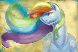 Size: 3000x2000 | Tagged: safe, artist:dragonademetal, character:rainbow dash, species:pegasus, species:pony, abstract background, alternate hairstyle, female, gradient background, grin, looking sideways, looking up, mare, messy mane, smiling, solo, wing fluff
