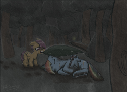 Size: 1587x1145 | Tagged: dead source, safe, artist:naterrang, character:rainbow dash, character:scootaloo, blood, crying, duo, eyes closed, forest, injured, leaf, loyalty, mouth hold, rain, tree