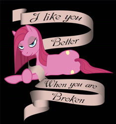 Size: 1419x1517 | Tagged: safe, artist:scorchedwing, character:pinkamena diane pie, character:pinkie pie, both cutie marks, dark, digital art, domination, female, femdom, mouthpiece, slogan, solo, sultry, vector