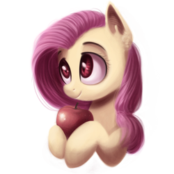 Size: 1000x1000 | Tagged: safe, artist:annielith, character:flutterbat, character:fluttershy, apple, female, holding, looking at something, red eyes, simple background, solo, white background