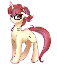 Size: 800x900 | Tagged: safe, artist:chocolateponi, character:moondancer, species:pony, species:unicorn, alternate hairstyle, blushing, female, floppy ears, glasses, looking at you, mare, outline, ponytail, simple background, solo, transparent background