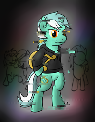 Size: 2100x2699 | Tagged: safe, artist:invertigo, character:lyra heartstrings, species:pony, fanfic:background pony, bipedal, clothing, dig the swell hoodie, frown, glitch, hoodie, lyre