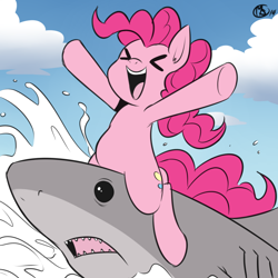 Size: 1270x1270 | Tagged: safe, artist:gtapia91, artist:megasweet, character:pinkie pie, species:earth pony, species:pony, colored, duo, eyes closed, female, fish, mare, ponies riding sharks, riding, shark, splash, wat