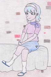 Size: 1506x2258 | Tagged: safe, artist:ponysubmarine, character:starlight glimmer, species:human, episode:the cutie map, g4, my little pony: friendship is magic, bed, bedroom, clothing, cross legged, female, humanized, scarf, sitting, skirt, solo, traditional art