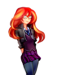 Size: 1000x1310 | Tagged: safe, artist:dzetawmdunion, character:sunset shimmer, species:human, equestria girls:friendship games, g4, my little pony: equestria girls, my little pony:equestria girls, alternate costumes, clothing, crystal prep academy, crystal prep academy uniform, crystal prep shadowbolts, female, glasses, humanized, pixiv, school uniform, simple background, skirt, solo, white background