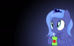 Size: 1392x870 | Tagged: safe, artist:staticwave12, character:princess luna, female, filly, juice box, solo, wallpaper, woona