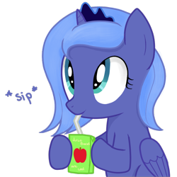 Size: 1000x1000 | Tagged: safe, artist:staticwave12, character:princess luna, species:alicorn, species:pony, cute, female, filly, juice box, lunabetes, simple background, solo, transparent background, woona, younger