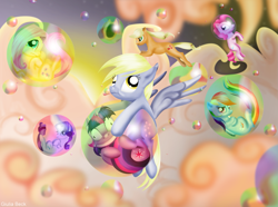 Size: 2227x1661 | Tagged: safe, artist:giuliabeck, character:applejack, character:derpy hooves, character:fluttershy, character:pinkie pie, character:rainbow dash, character:rarity, character:twilight sparkle, species:pegasus, species:pony, alternate mane seven, bubble, female, mane six, mare