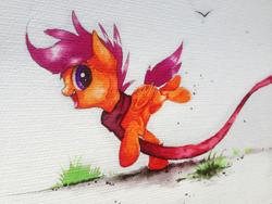 Size: 1024x768 | Tagged: safe, artist:yellowrobin, character:scootaloo, clothing, cute, cutealoo, female, forced perspective, looking at you, open mouth, scarf, solo, traditional art, watercolor painting