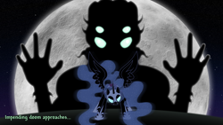 Size: 1920x1080 | Tagged: safe, artist:skiddlezizkewl, character:nightmare moon, character:princess luna, crossover, moon, moon lord, terraria, text, wallpaper