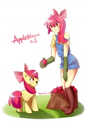 Size: 1019x1432 | Tagged: dead source, safe, artist:tomoe-chi, character:apple bloom, species:human, species:pony, apple, female, filly, food, human ponidox, humanized, ponidox