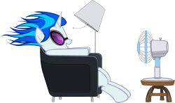 Size: 2568x1519 | Tagged: safe, artist:kurokaji11, character:dj pon-3, character:vinyl scratch, species:pony, species:unicorn, chair, fan, female, glasses, hooves, horn, lamp, mare, maxell, parody, relaxing, simple background, sitting, smiling, solo, sunglasses, table, teeth, transparent background, vector, windswept mane