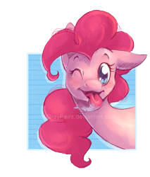 Size: 947x1110 | Tagged: safe, artist:graypaint, character:pinkie pie, against glass, drool, female, glass, licking, looking at you, solo, tongue out, wink