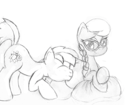 Size: 500x415 | Tagged: safe, artist:mlp-pregnancy-is-magic, character:silver spoon, character:strike, cute, eyes closed, female, kissing, male, monochrome, mother spoon, nuzzling, older, pregnant, prone, shipping, silverstrike, smiling, straight, traditional art