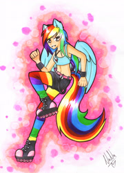 Size: 2292x3182 | Tagged: safe, artist:nana-yuka, character:rainbow dash, species:human, belly button, clothing, cutie mark necklace, eared humanization, female, humanized, midriff, roller skates, rollerblades, solo, sports bra, tailed humanization, winged humanization